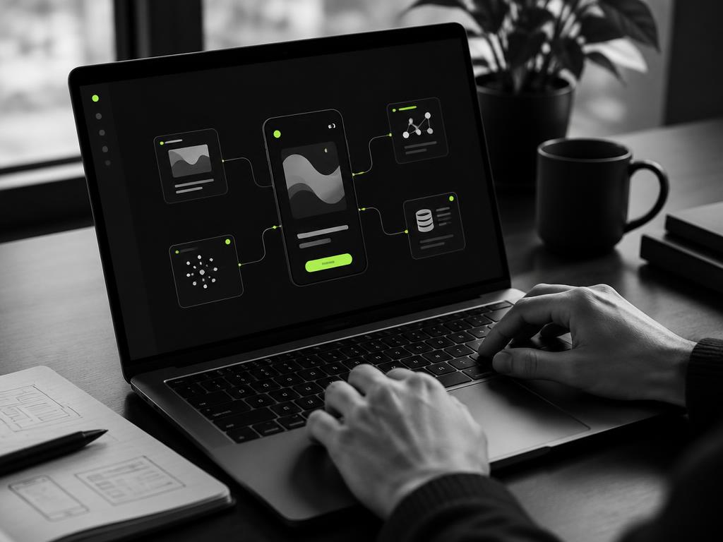 Hands building an AI-powered digital product on a laptop